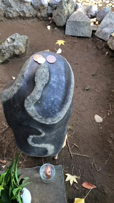 いちじく農園 キッチンさわ 落ち葉の地面に立つ石仏