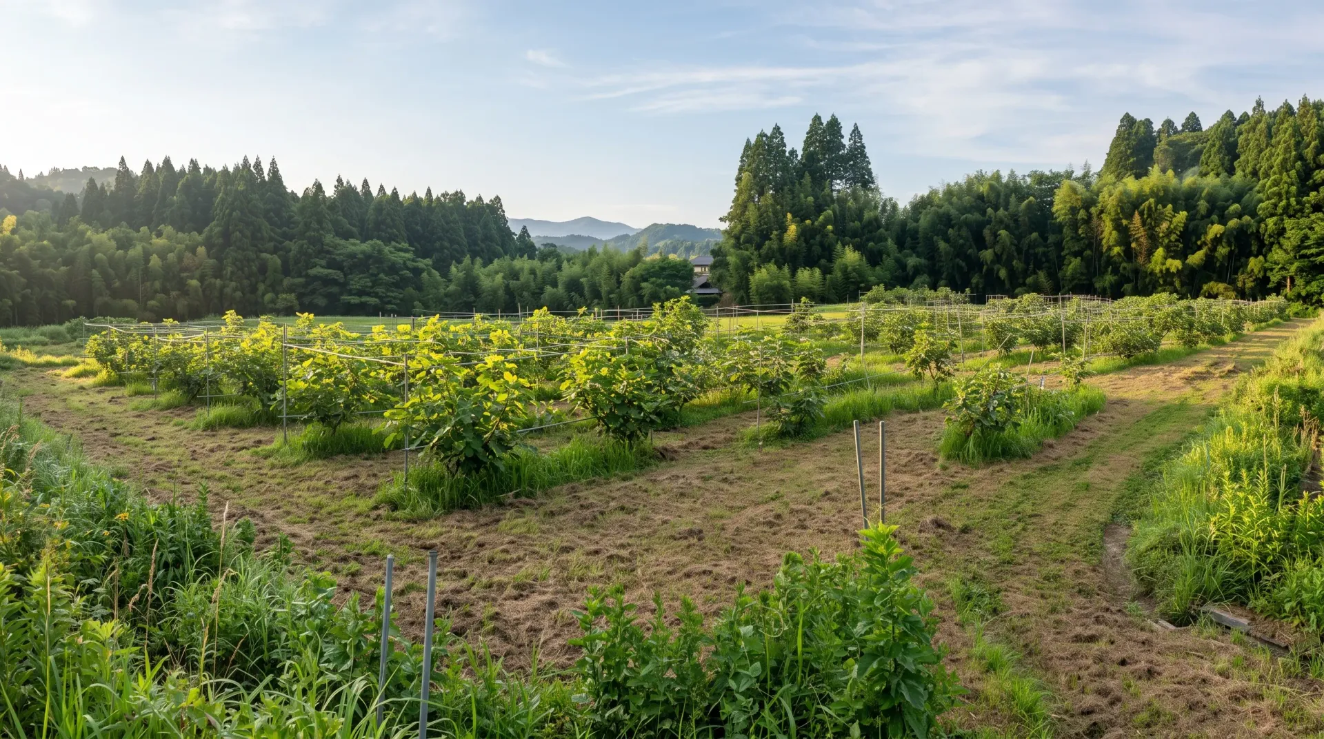 いちじく農園 キッチンさわ 里山に沿って棚仕立ての畝が続くいちじく畑